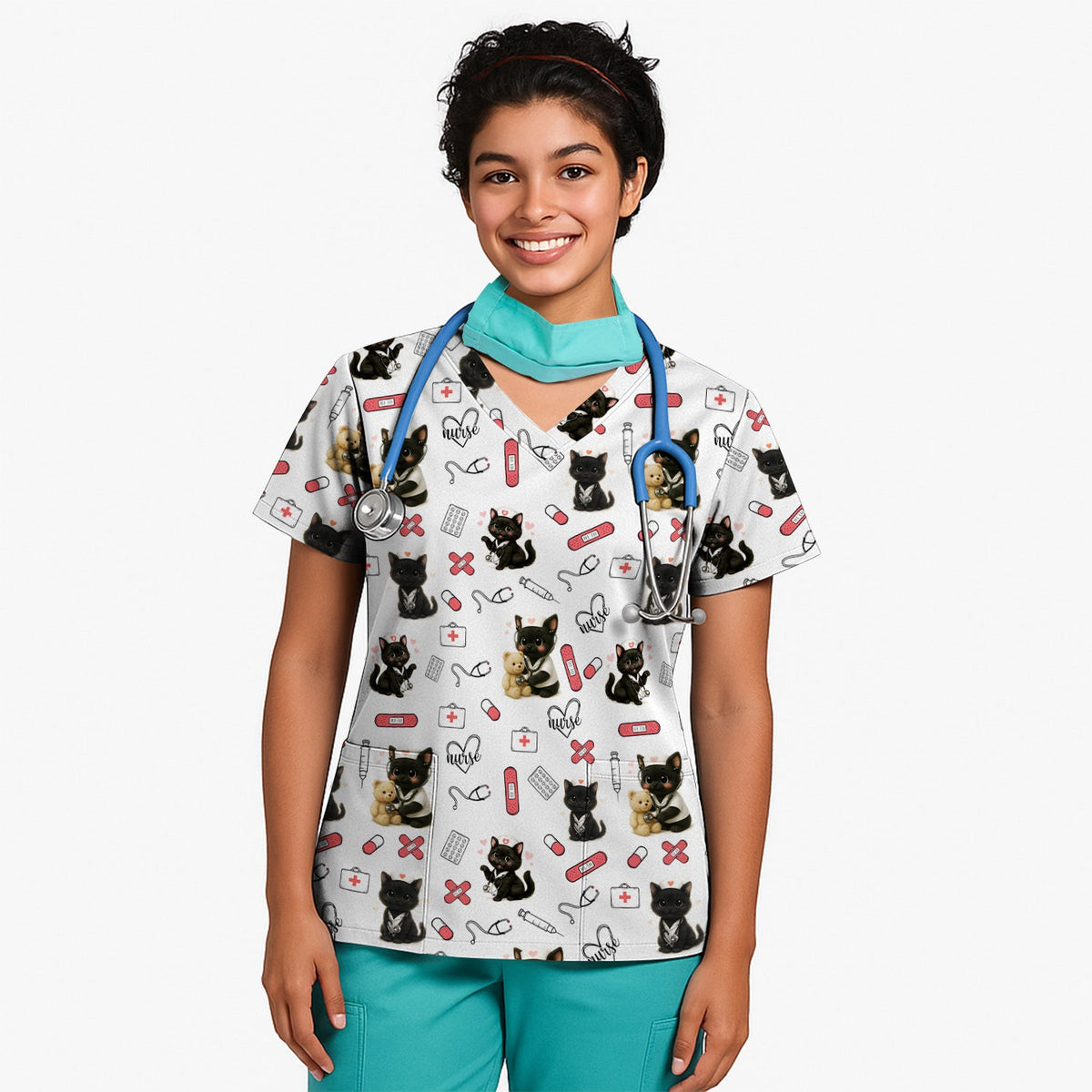 Cute Black Cat Nurse Scrub Top for RN CNA LPN - Funny Kitty Medical Pattern Uniform - Gift for Cat Loving Healthcare Women