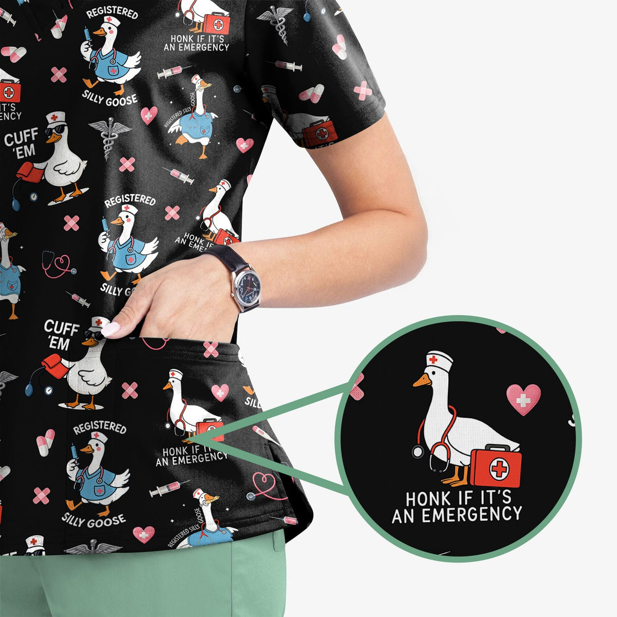 Goose Stethoscope Heart Nurse Scrub Top