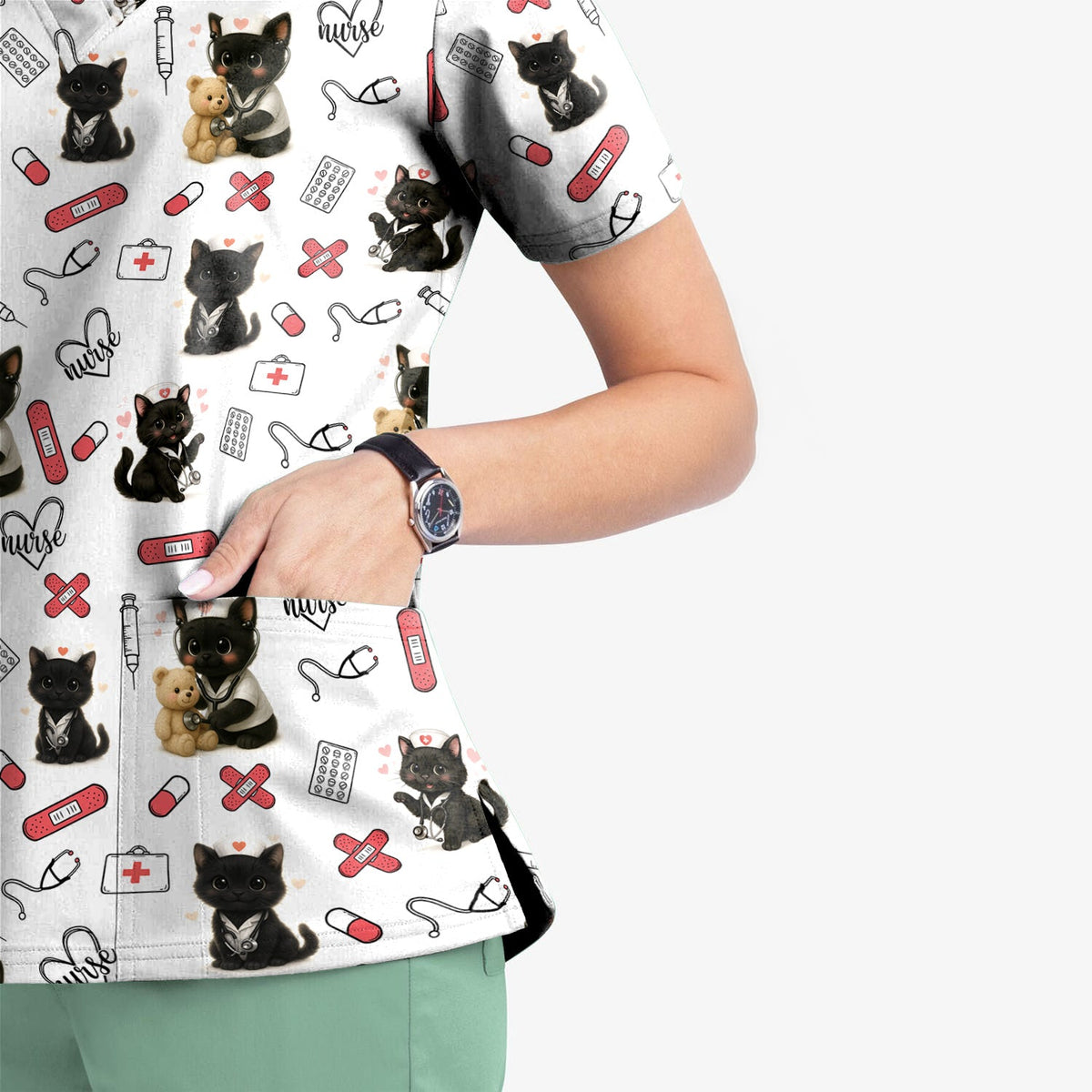 Cute Black Cat Nurse Scrub Top for RN CNA LPN - Funny Kitty Medical Pattern Uniform - Gift for Cat Loving Healthcare Women