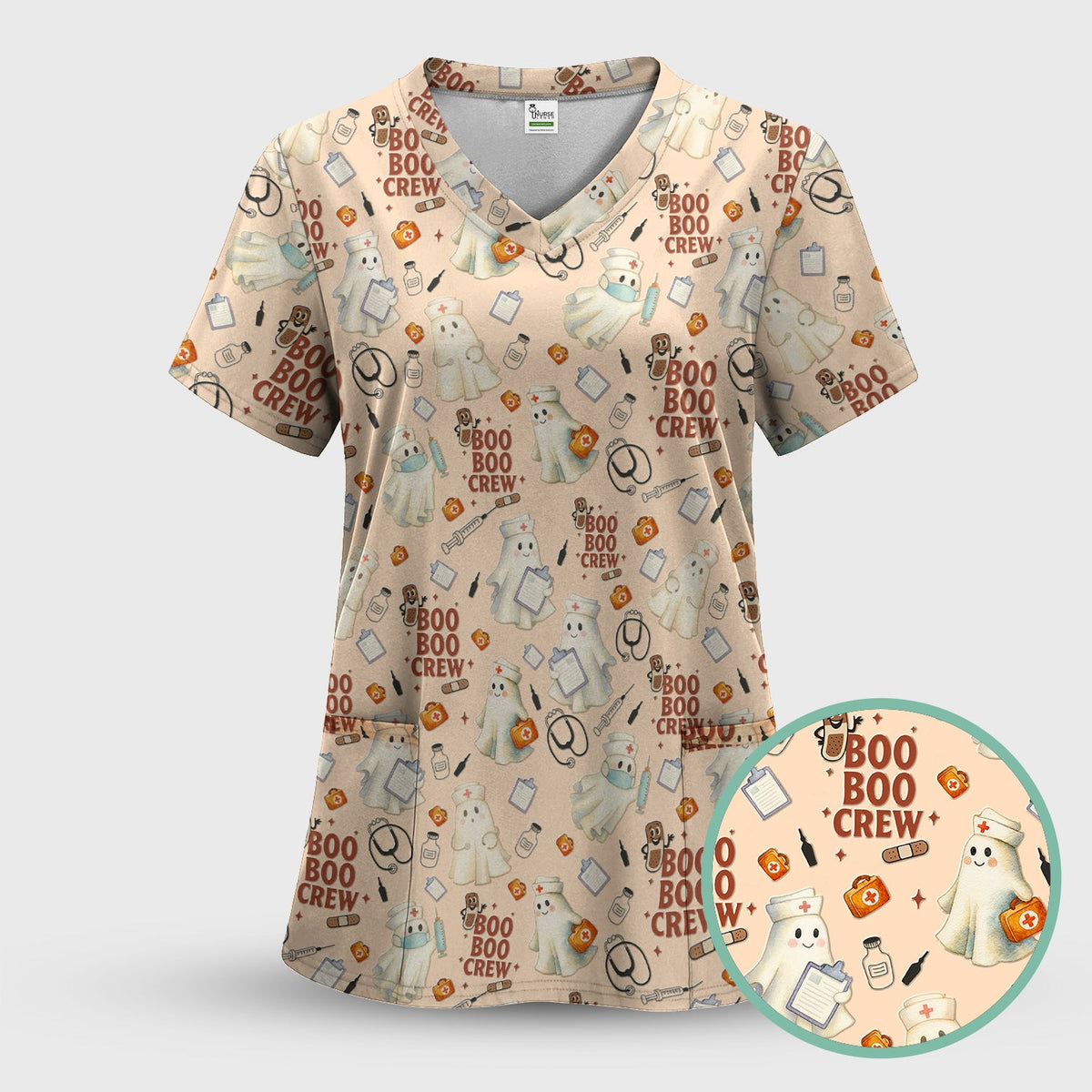 Boo Boo Crew Funny Ghost Nurse Scrub Top