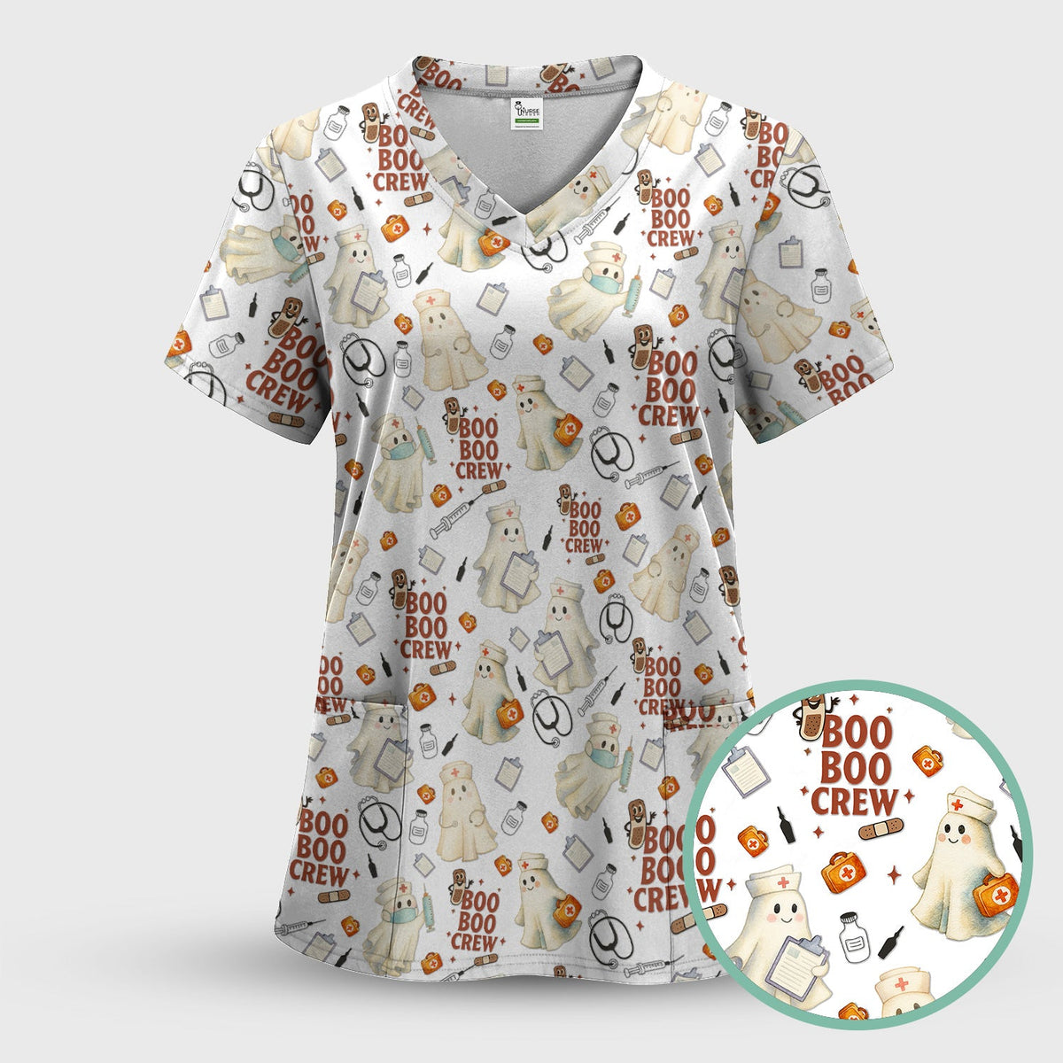 Boo Boo Crew Funny Ghost Nurse Scrub Top