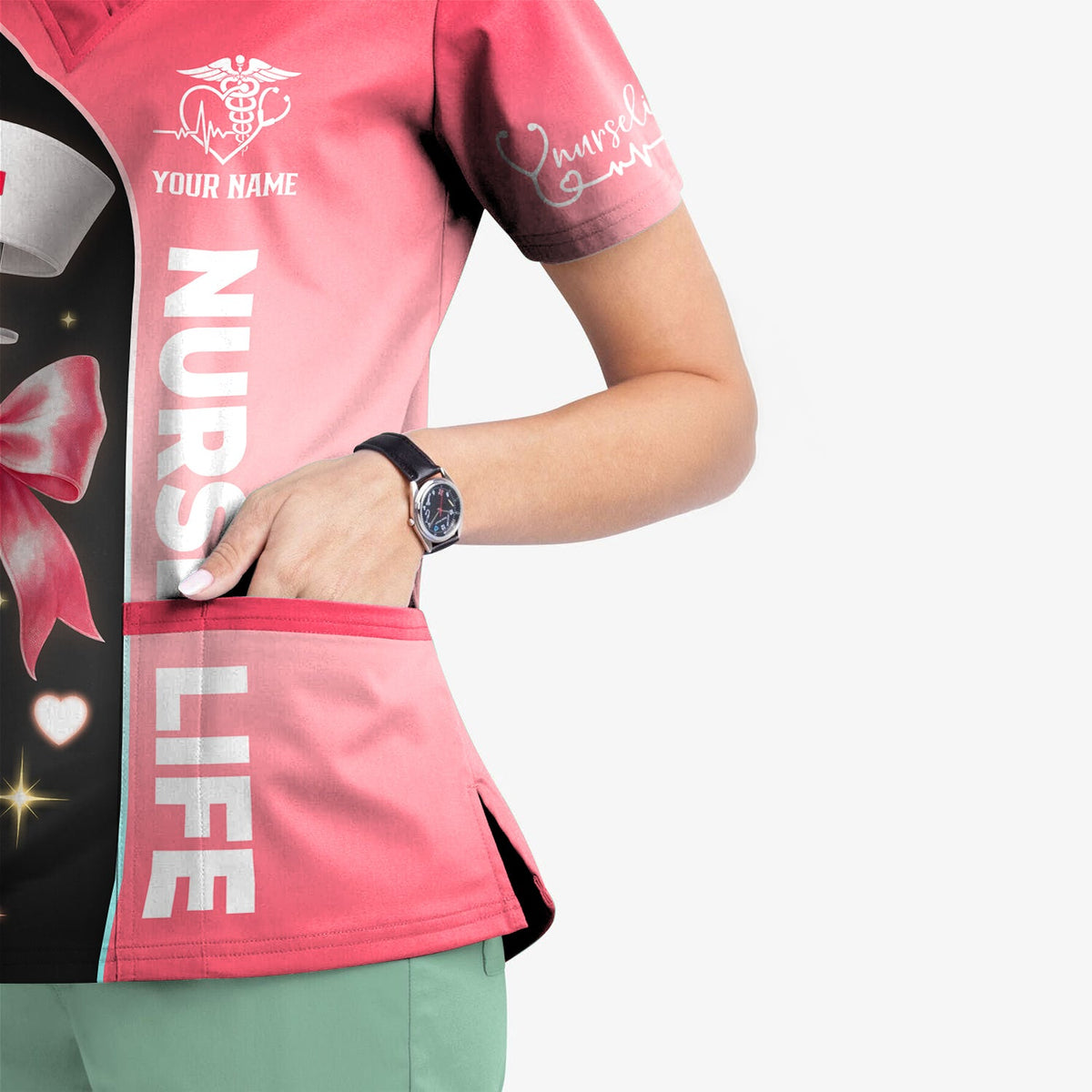Personalized Nurse Life Scrubs for Women RN LPN CNA - Cute Pink and Black Syringe Bow Design - Funny Medical Quote Gift for Healthcare Workers in Nursing Field