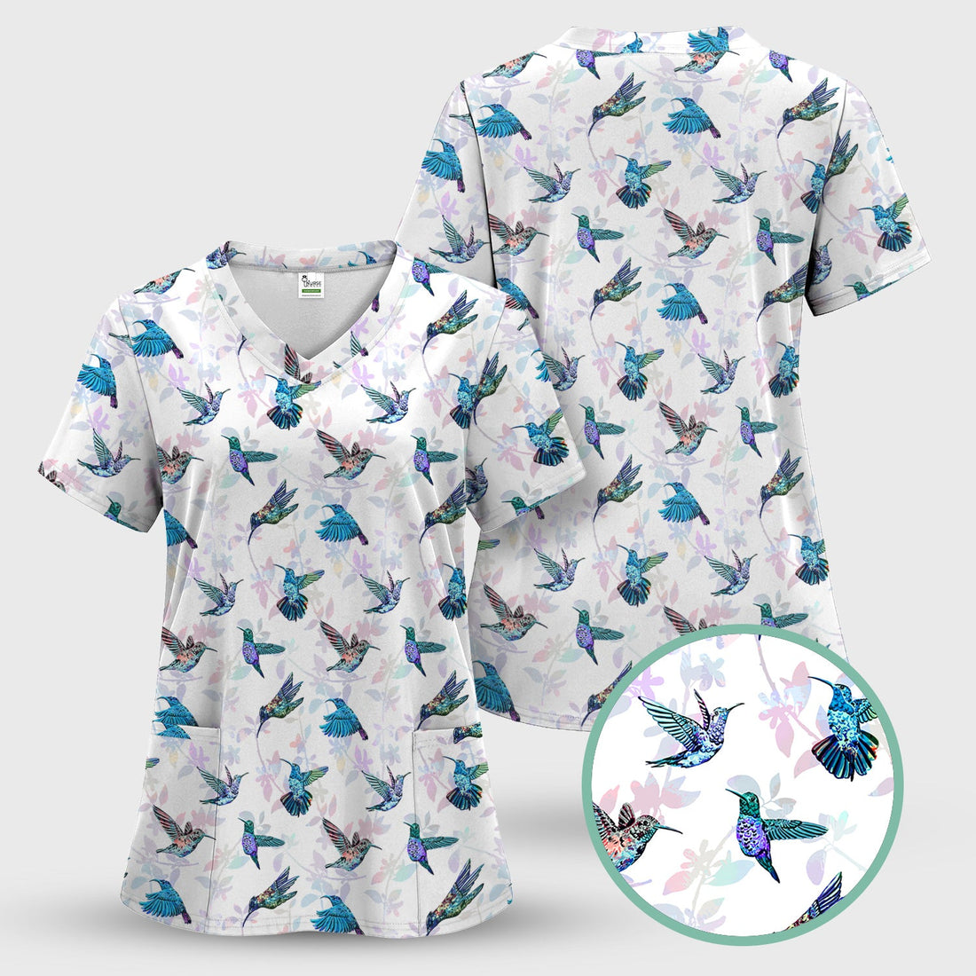 Personalized Hummingbird Floral Nurse Scrub Top