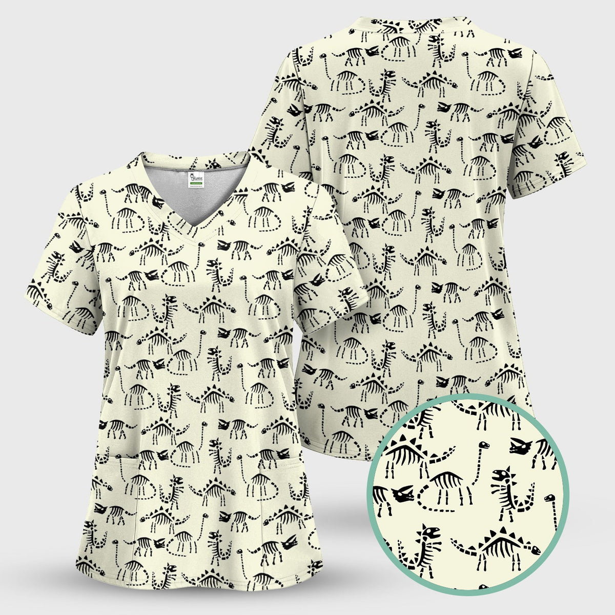 Dinosaur Skeleton Fossil Nurse Scrub Top
