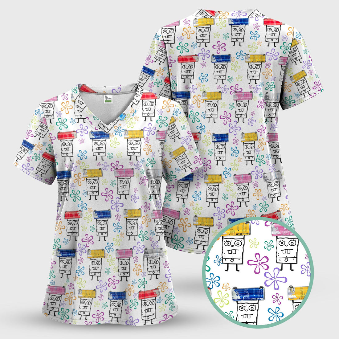 Doodle Bob Energy Drink Nurse Scrub Top