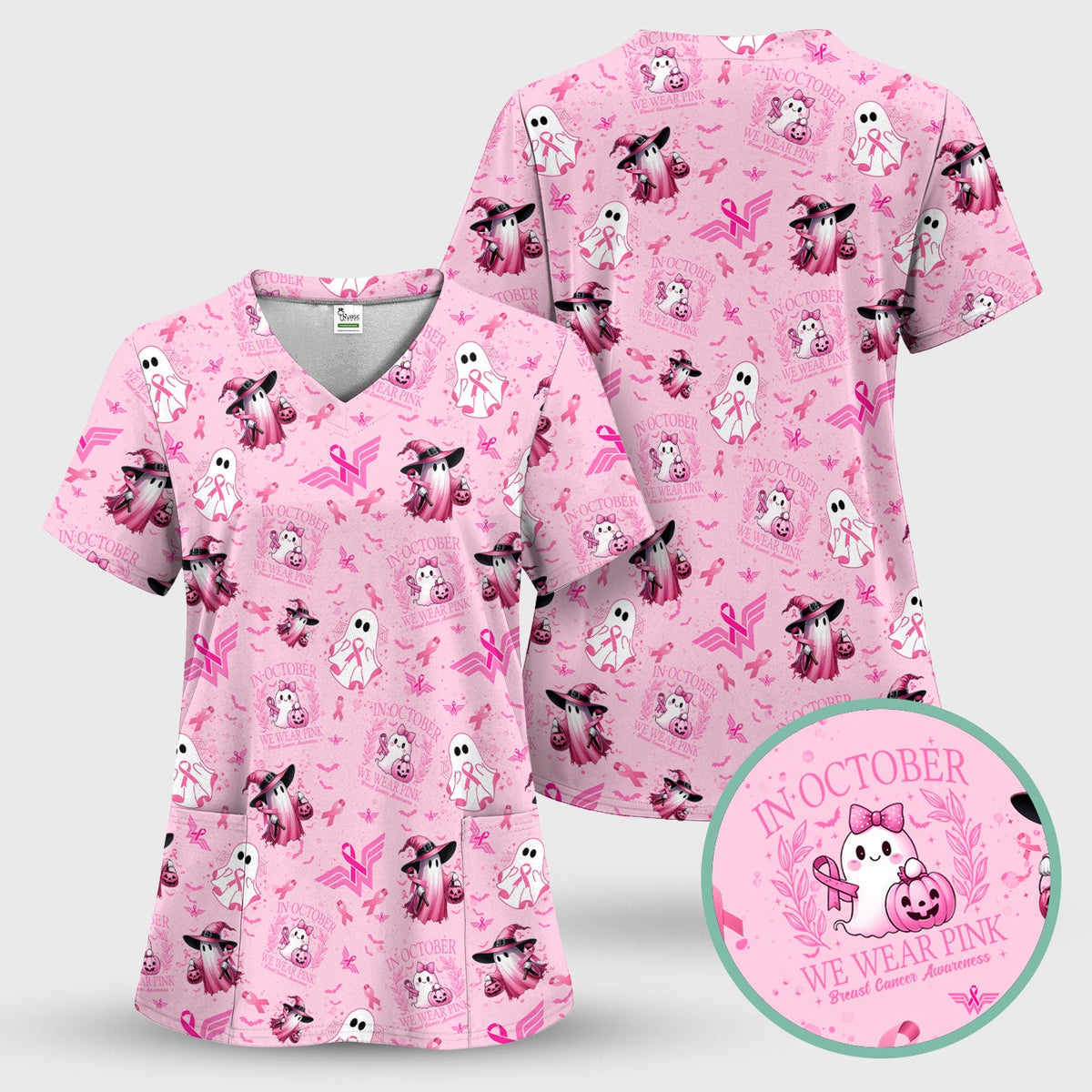 Pink Ribbon Ghost Witch Nurse Scrub Top - Breast Cancer Gift