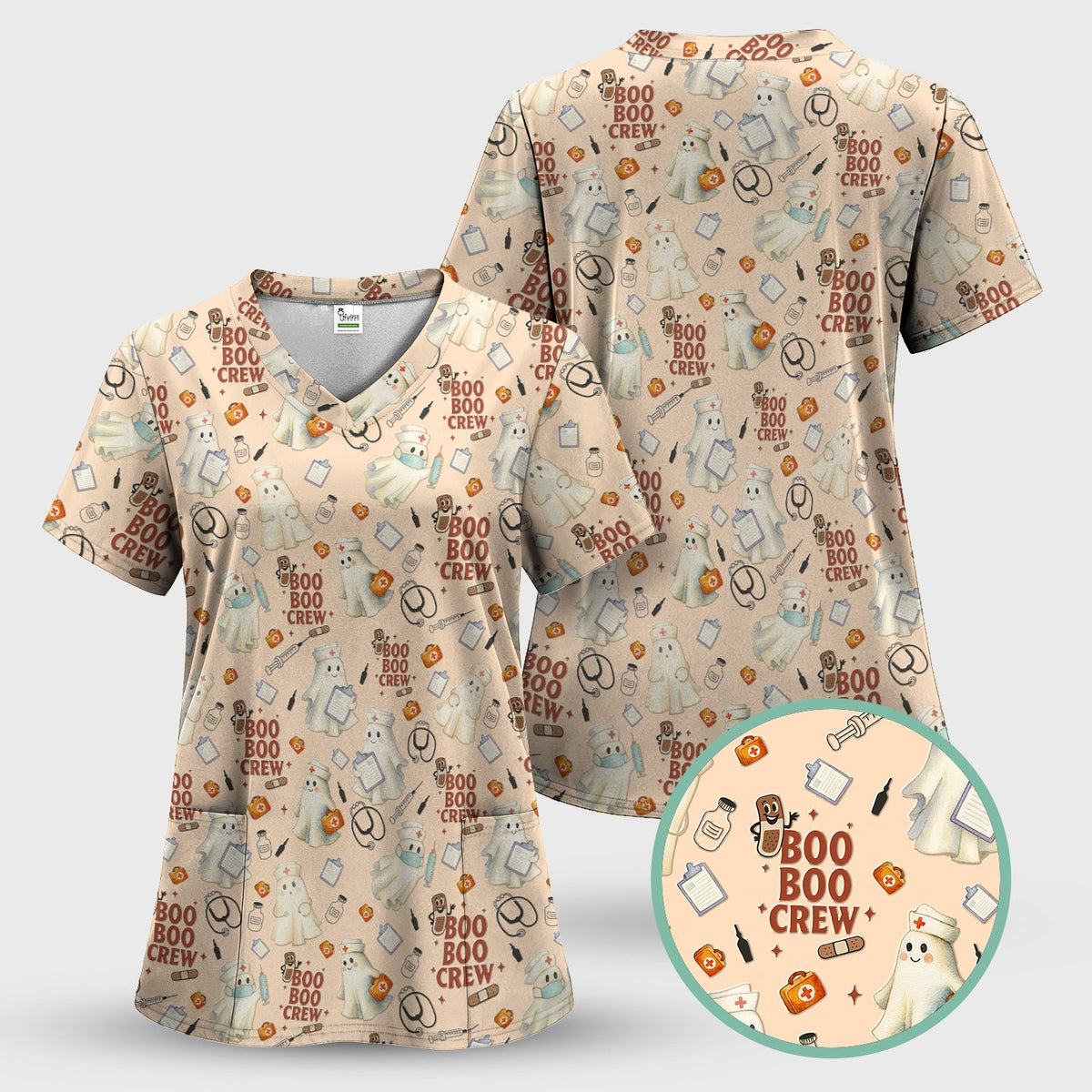 Boo Boo Crew Funny Ghost Nurse Scrub Top