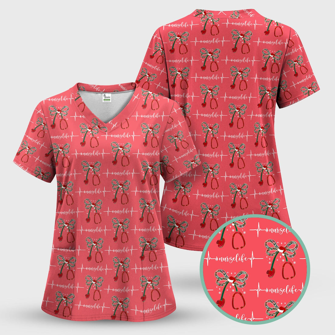Personalized Christmas Bow Stethoscope Nurse Scrub Top