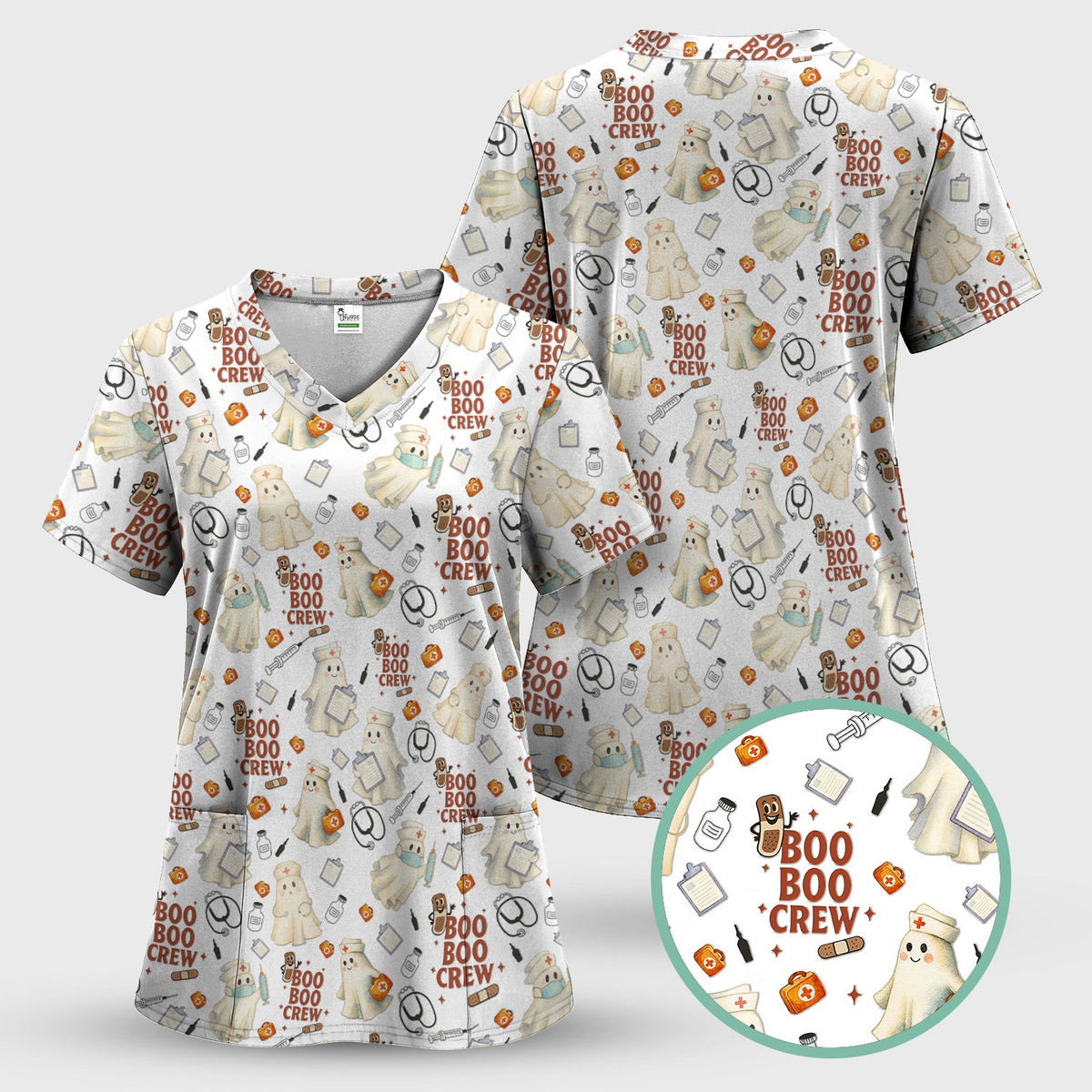 Boo Boo Crew Funny Ghost Nurse Scrub Top