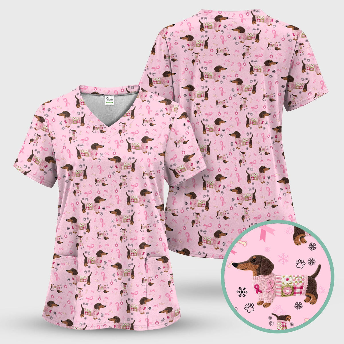 Pink Ribbon Dachshund Nurse Scrub Top