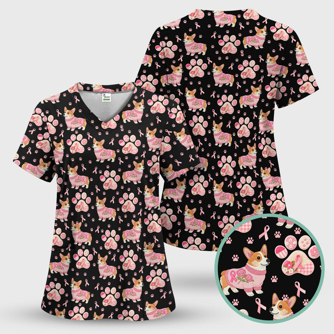 Corgi Pink Ribbon Breast Cancer Nurse Scrub Top