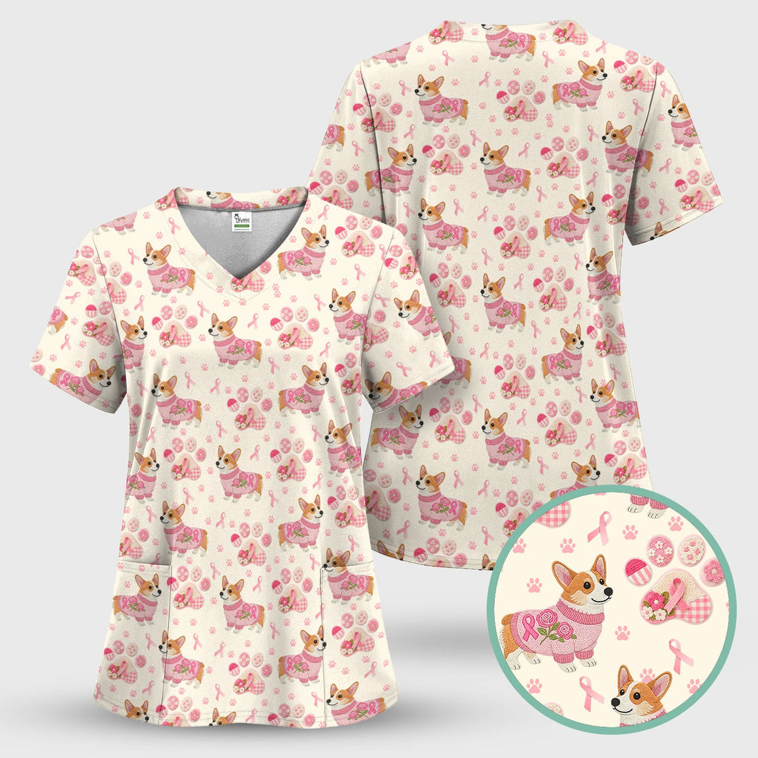 Corgi Pink Ribbon Breast Cancer Awareness Nurse Scrub Top