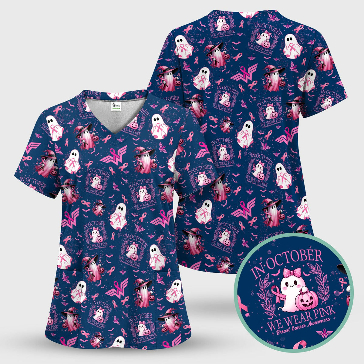 Pink Ribbon Ghost Witch Nurse Scrub Top - Breast Cancer Gift