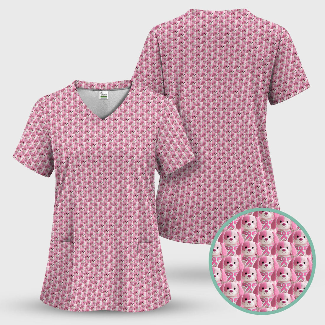 Breast Cancer Puppy Ribbon Nurse Scrub Top