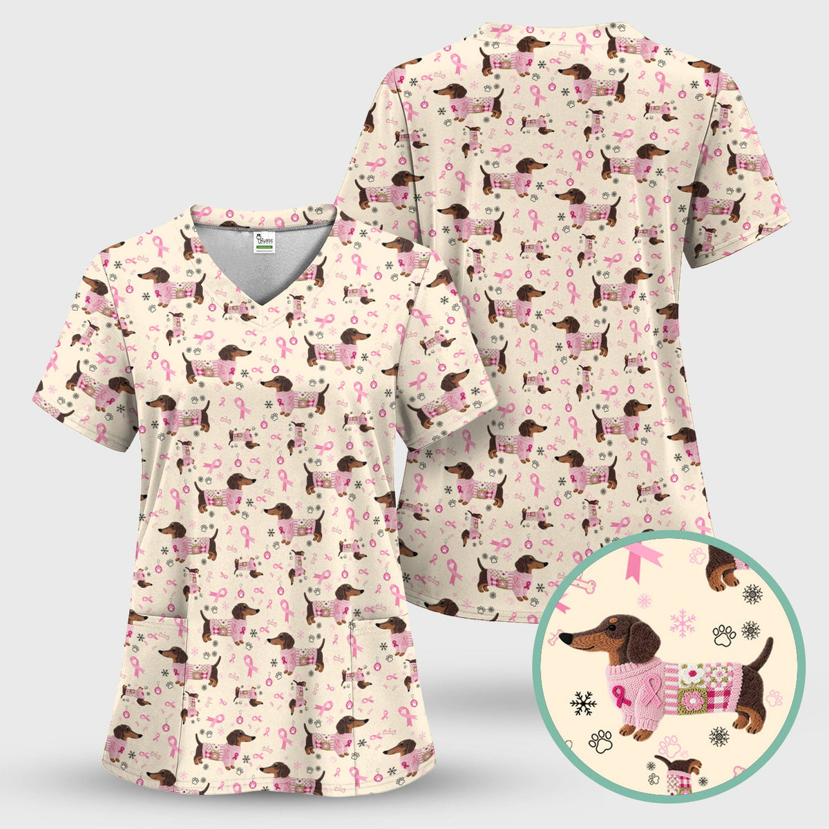 Pink Ribbon Dachshund Nurse Scrub Top