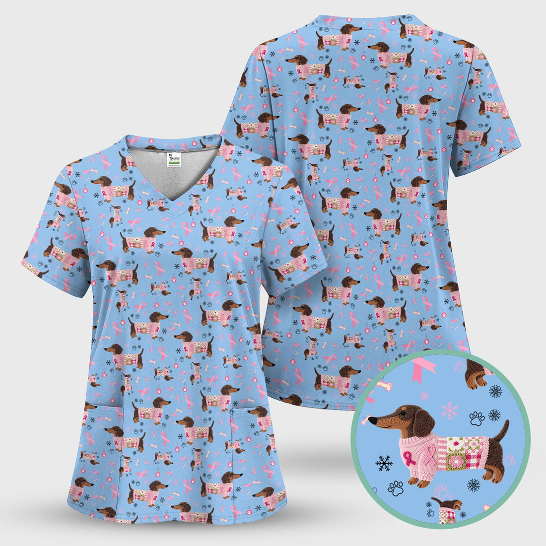 Pink Ribbon Dachshund Nurse Scrub Top