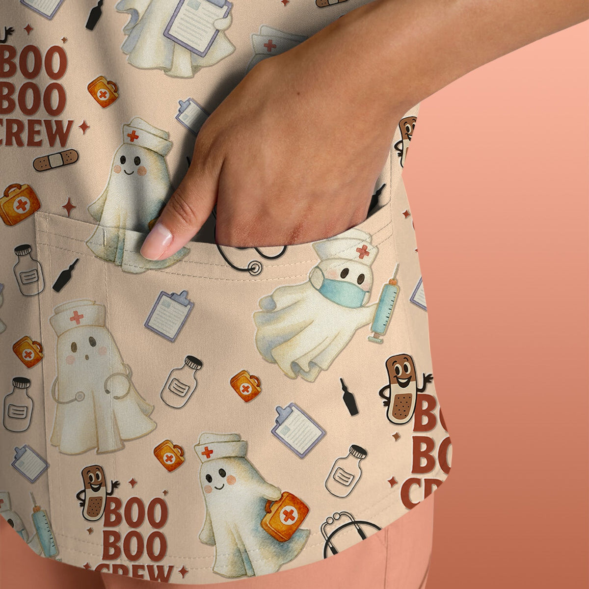 Boo Boo Crew Funny Ghost Nurse Scrub Top