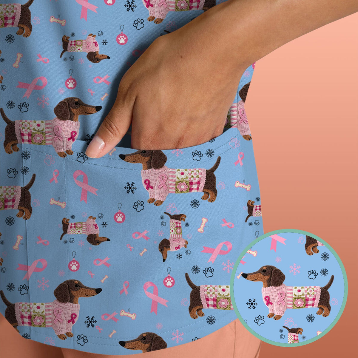 Pink Ribbon Dachshund Nurse Scrub Top