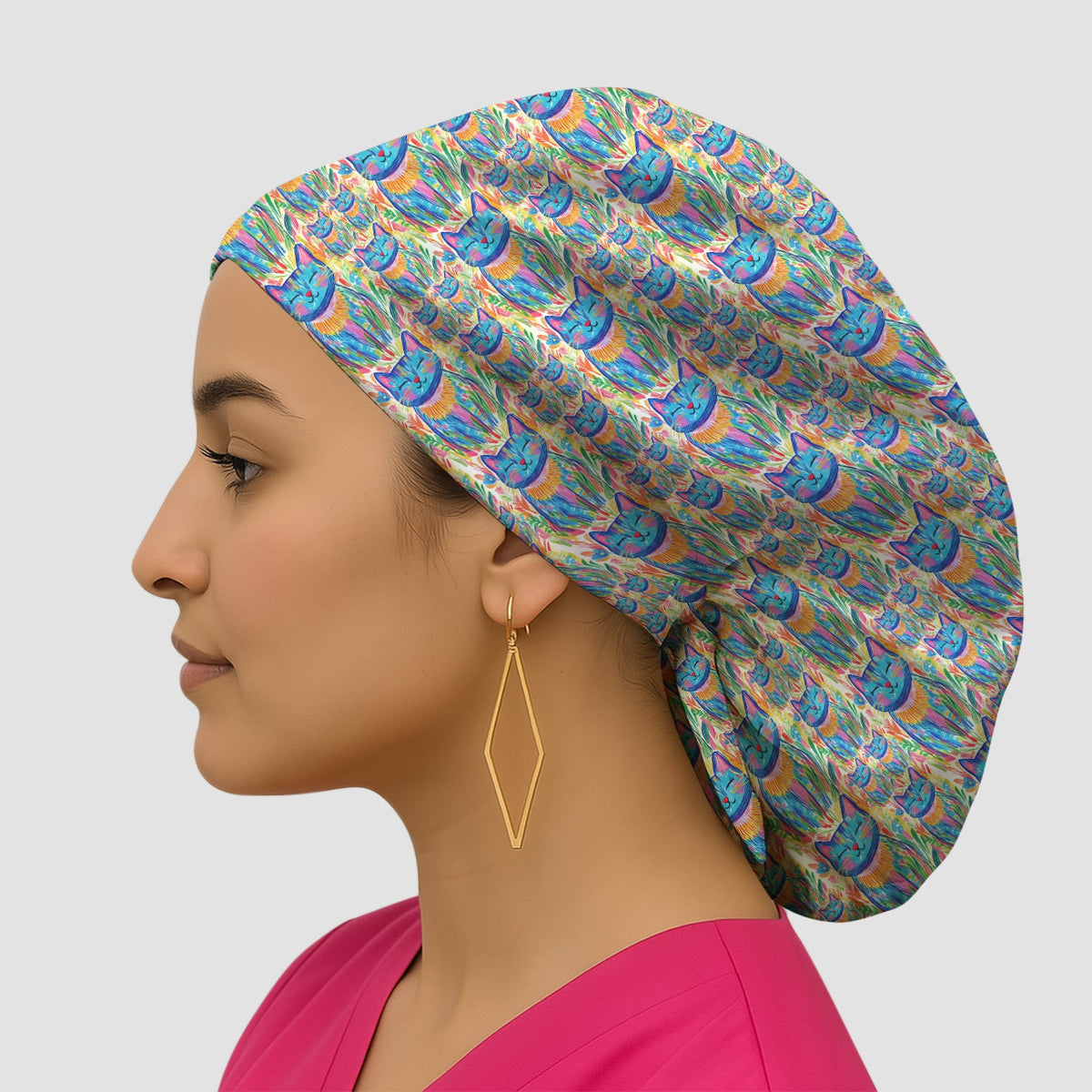 Colorful Rainbow Cat Floral Brushstroke Scrub Cap