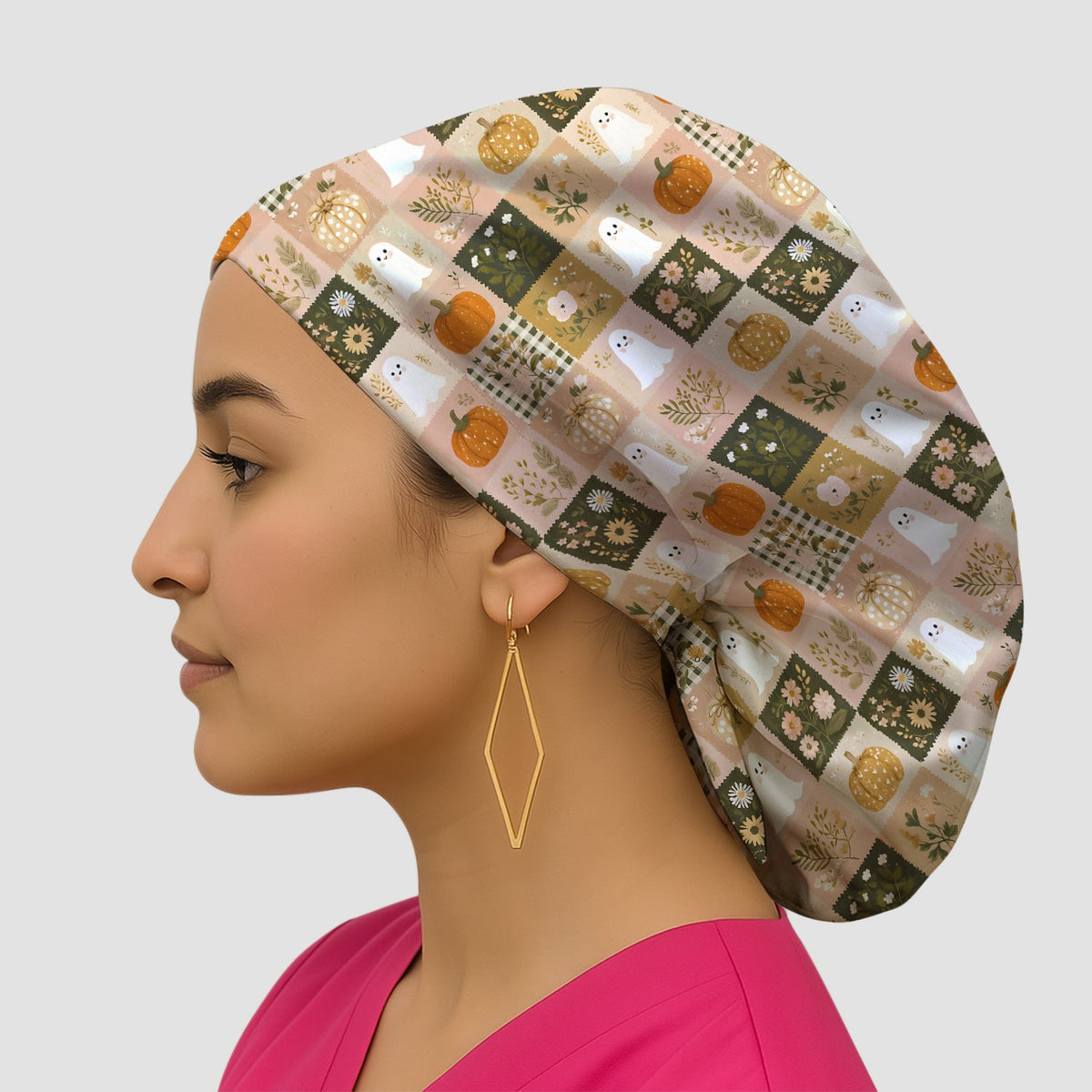 Halloween Ghost Pumpkin Patchwork Scrub Cap