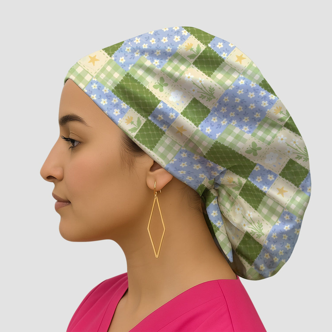 Green Patchwork Clover Floral Scrub Cap
