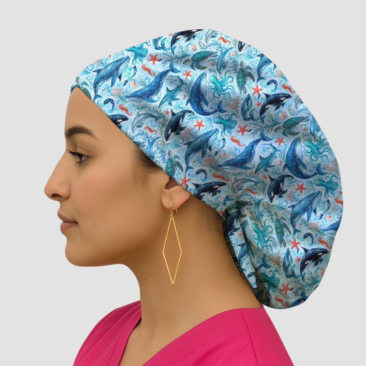 Watercolor Ocean Wildlife Scene Scrub Cap