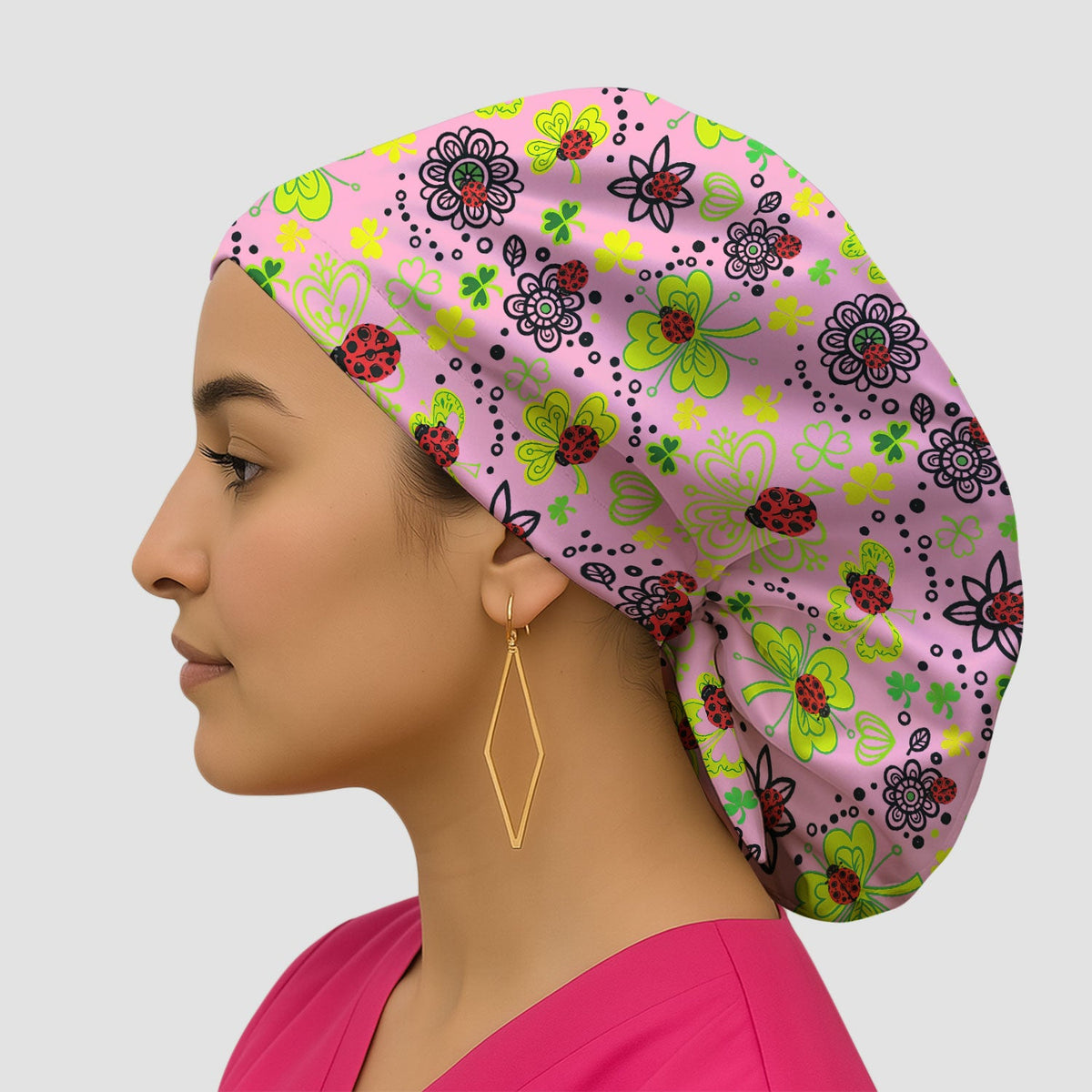 Ladybug Clover Floral Scrub Cap