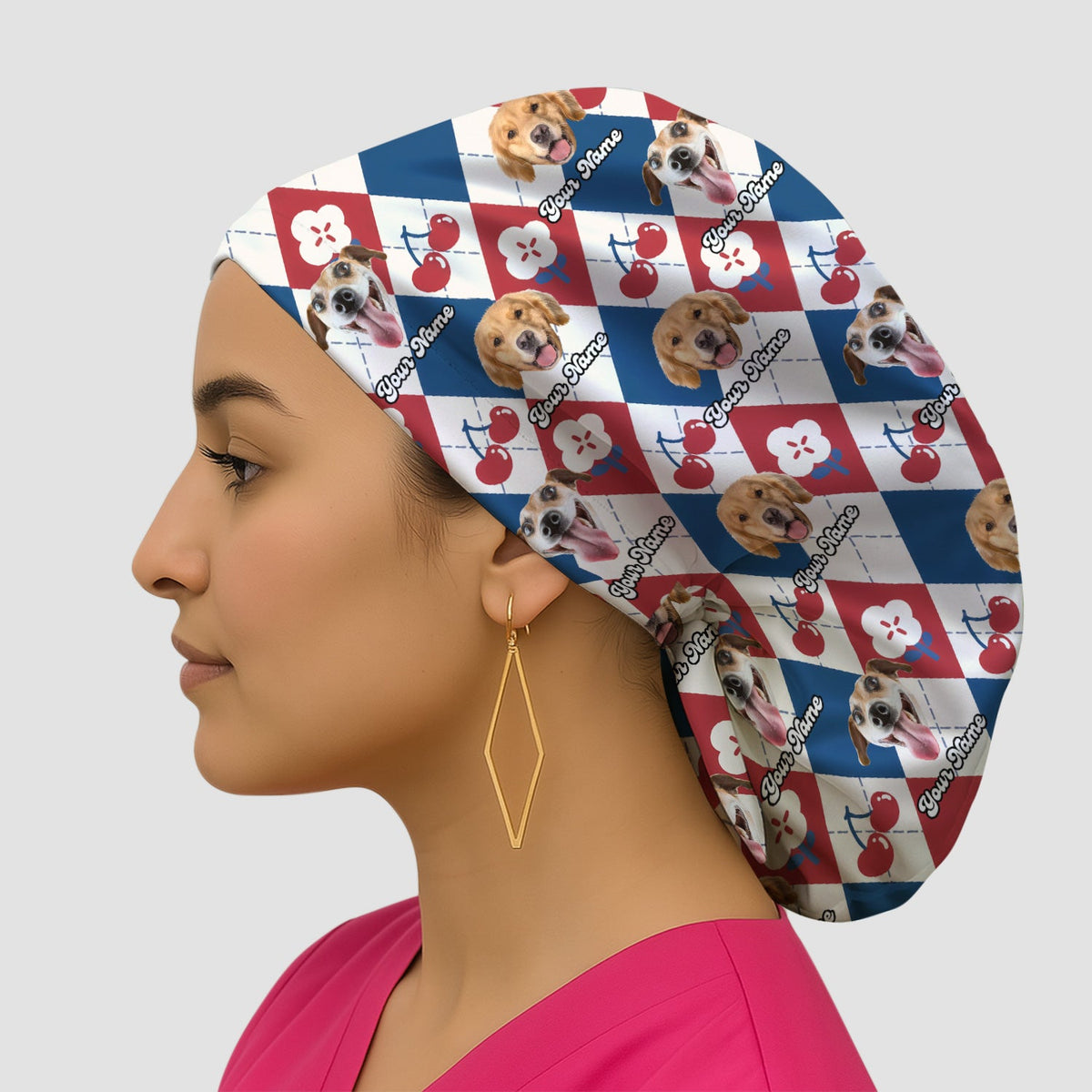 Dog Face Cherry Argyle Scrub Cap