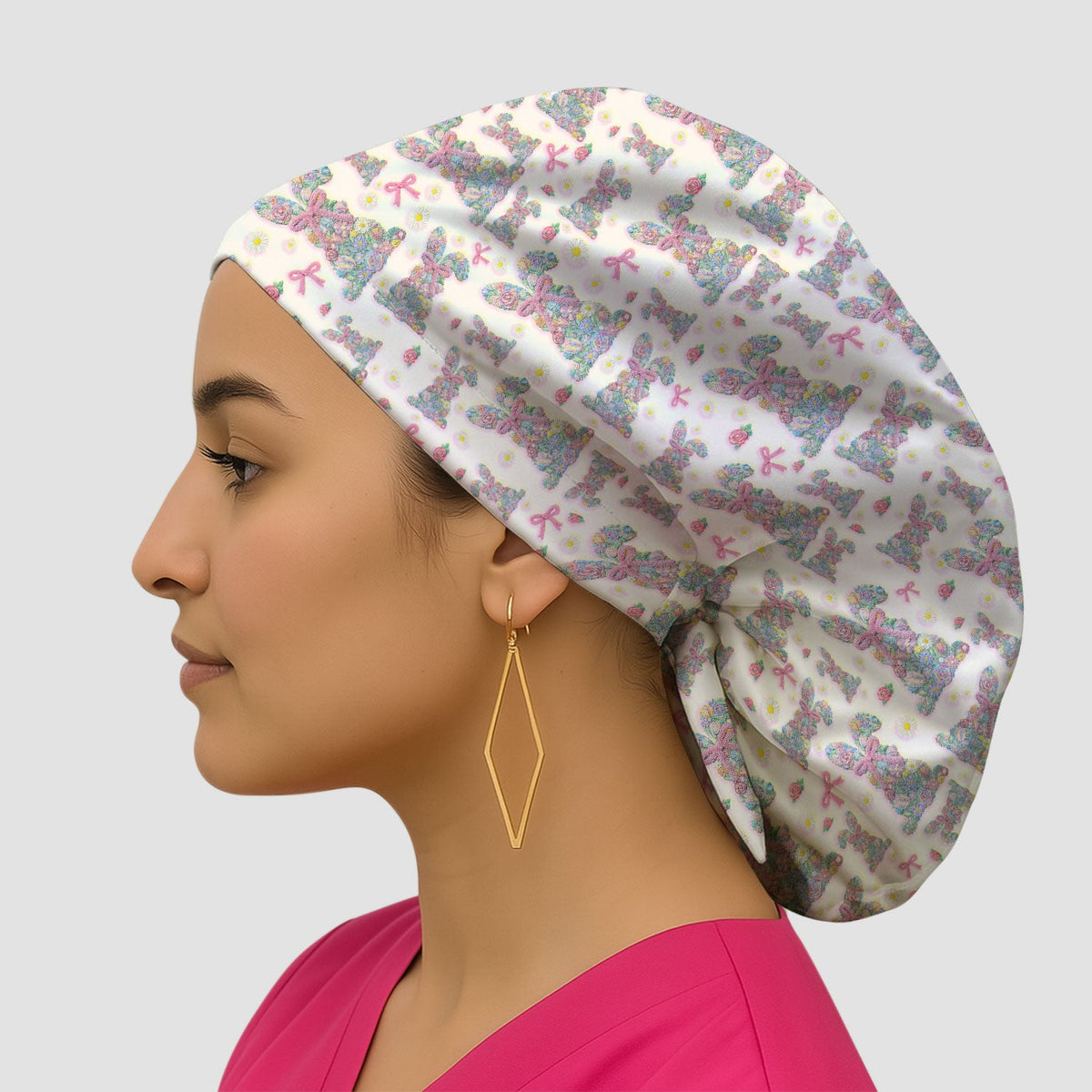 Colorful Floral Bunny Pink Bow Scrub Cap