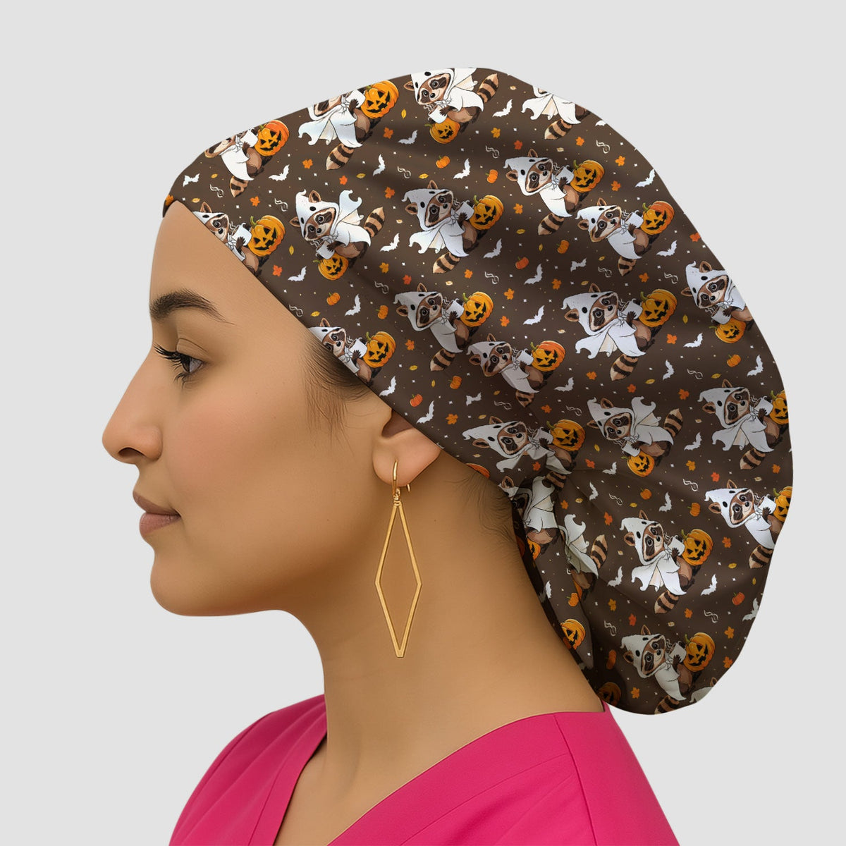 Ghost Raccoon Pumpkin Scrub Cap - Halloween Gift For Nurse