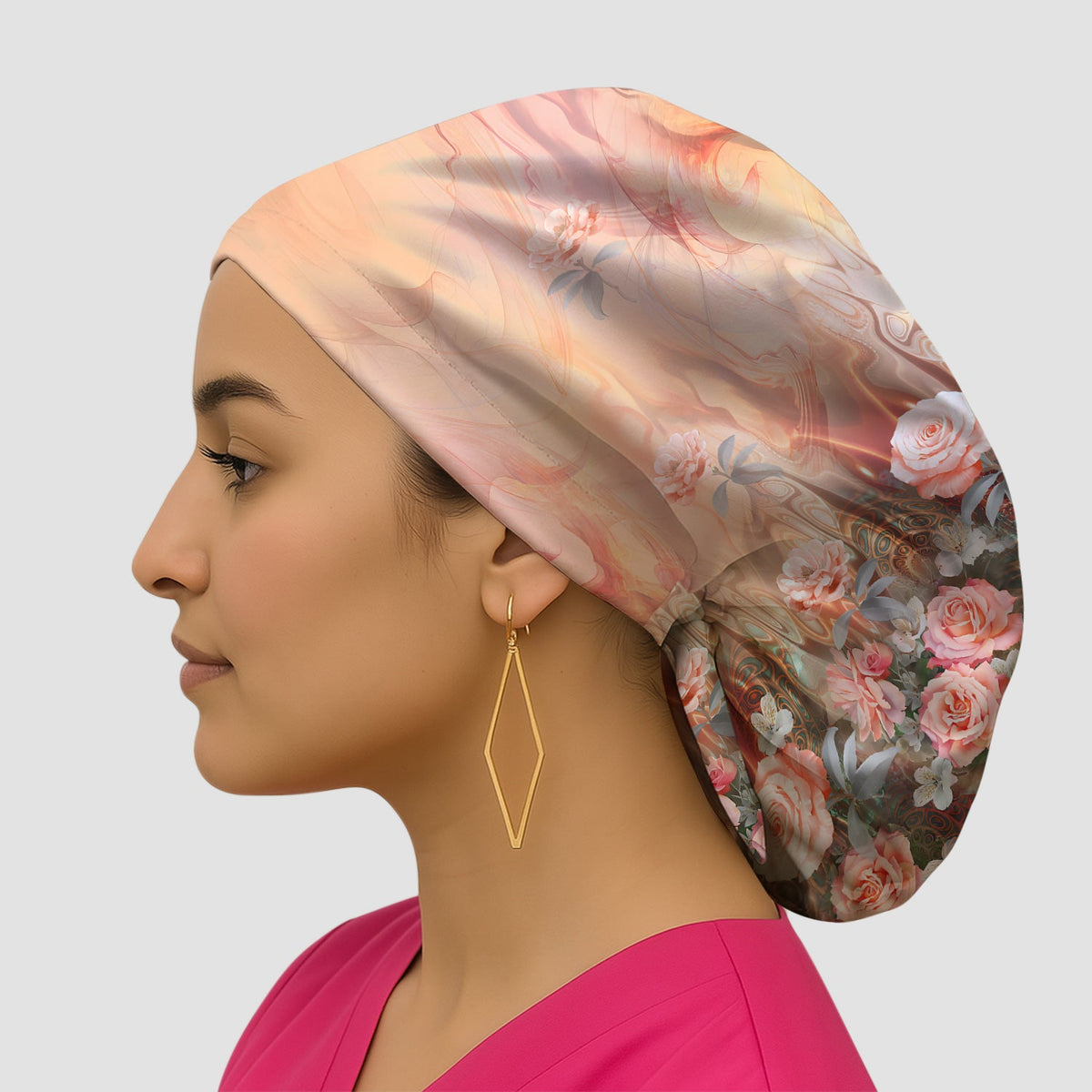 Elegant Peach Marble Rose Scrub Cap