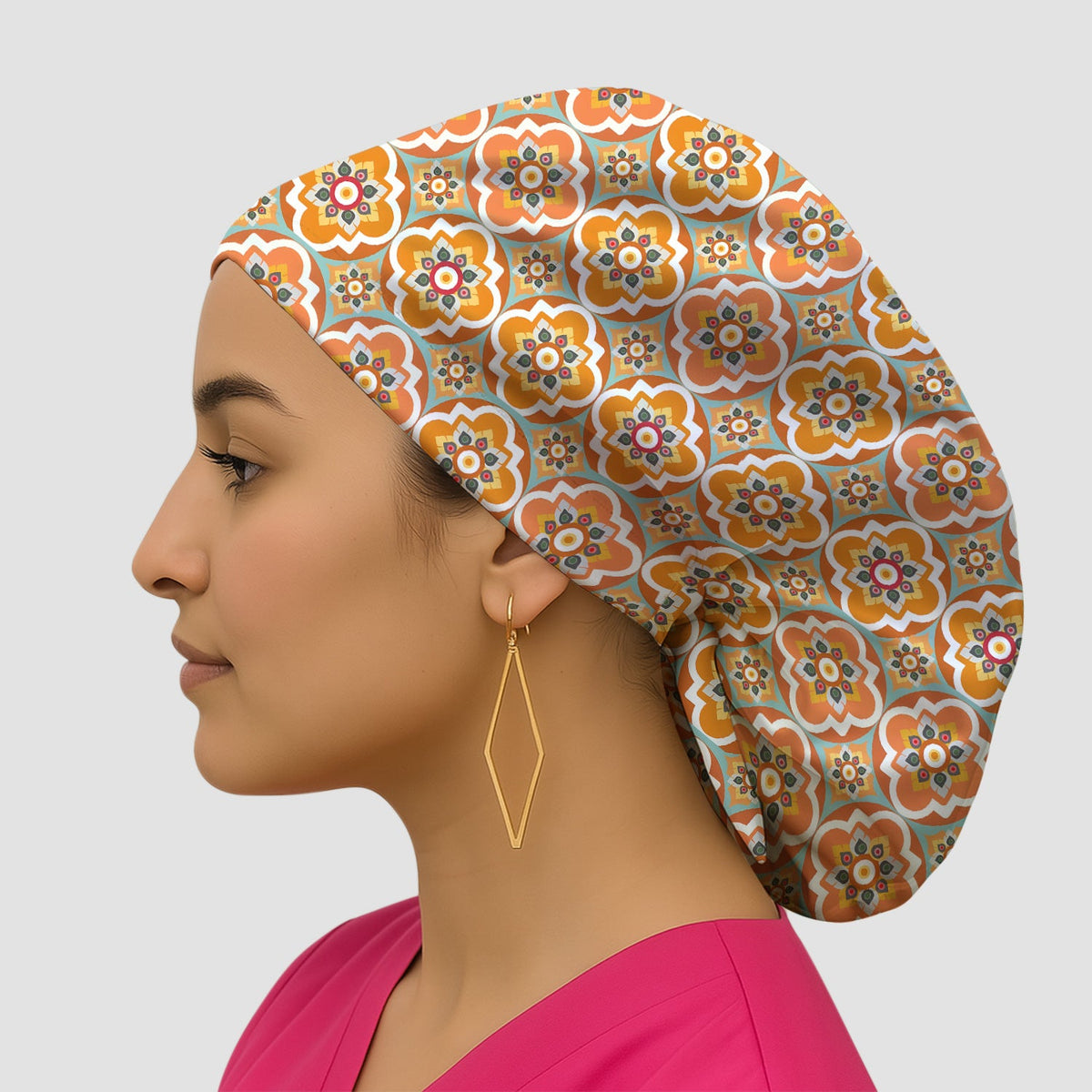 Orange Retro Geometric Floral Nurse Scrub Cap