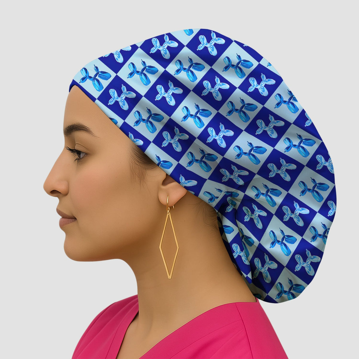 Cute Blue Balloon Dog Checkered Scrub Cap