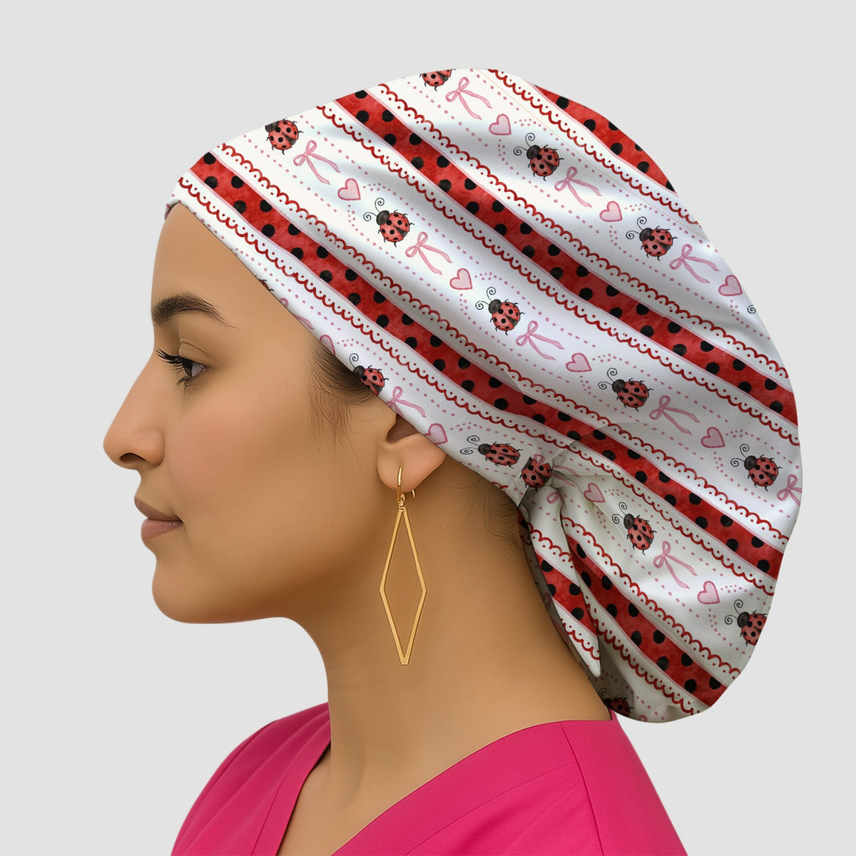 Ladybug Heart Bow Stripe Scrub Cap