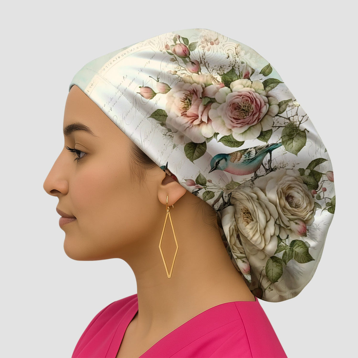 Vintage Birds Rose Scrub Cap