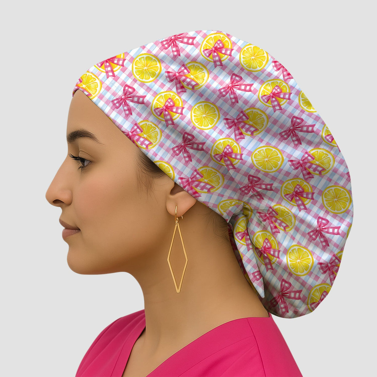Lemon Slice Pink Bow Gingham Scrub Cap