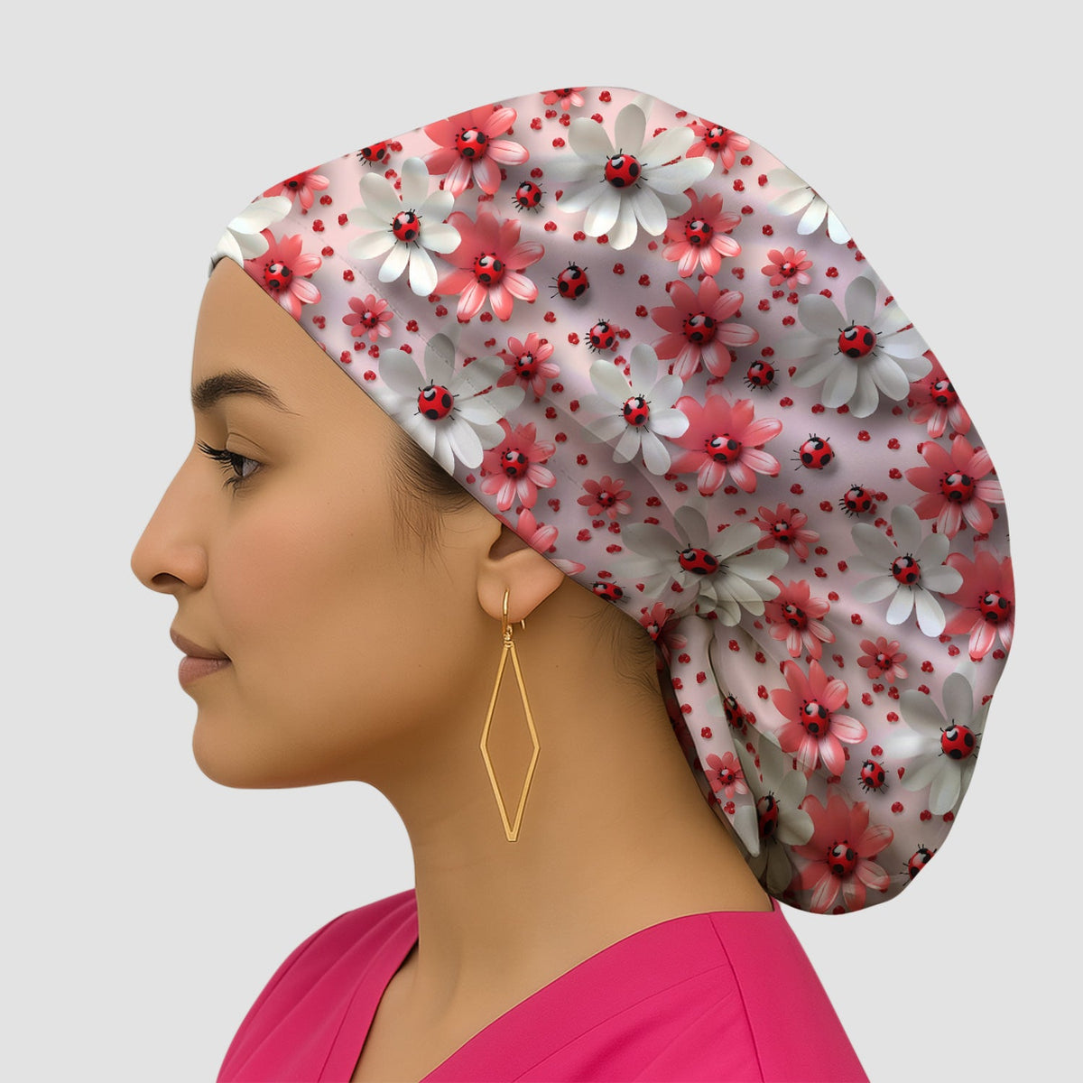 Red Ladybug Flower Scrub Cap