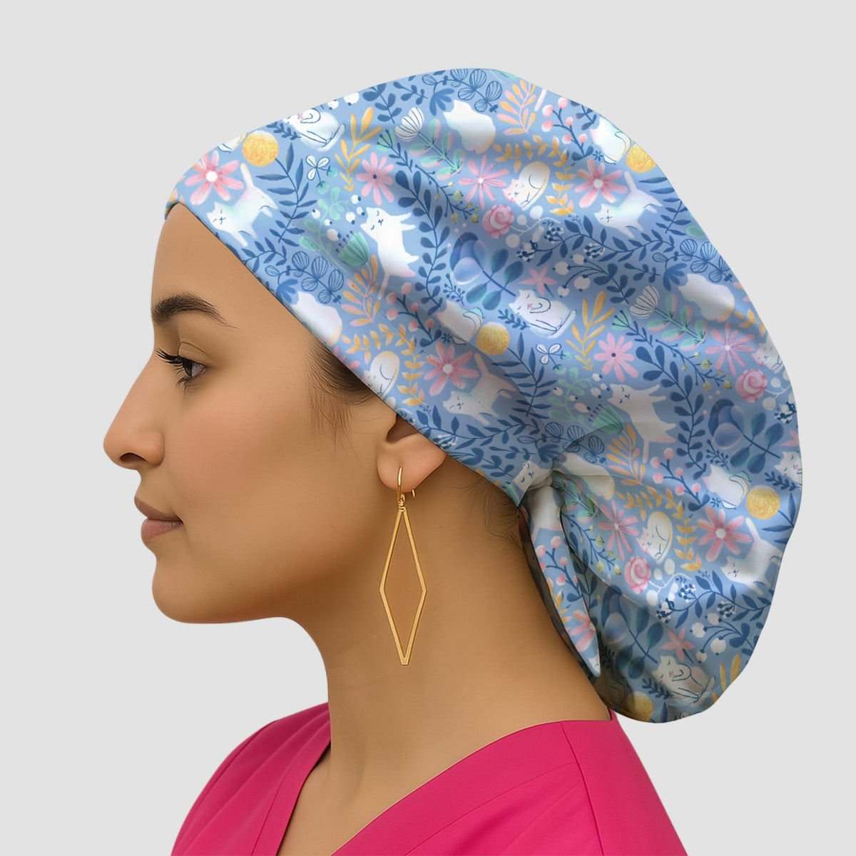 Whimsical Cat Floral Scrub Cap