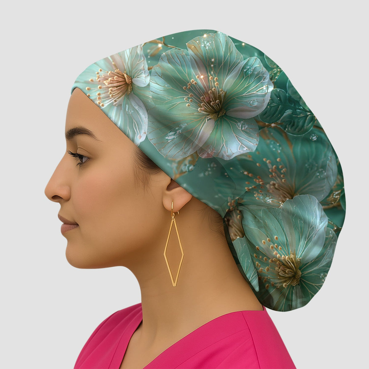 Elegant Mint Blossom Dewdrop Scrub Cap