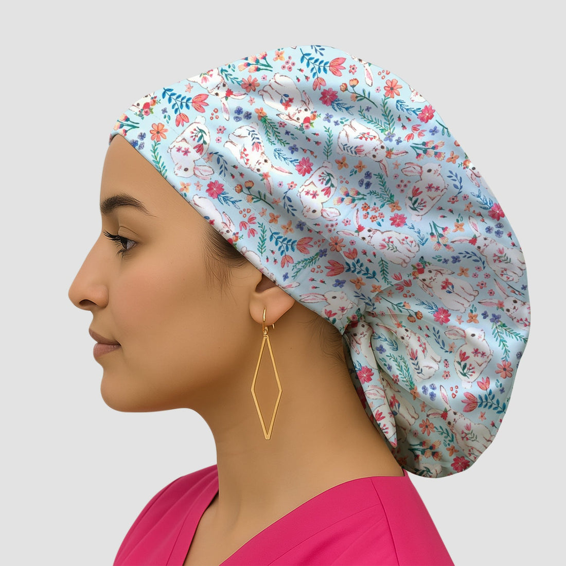 Springtime Bunny Floral Scrub Cap