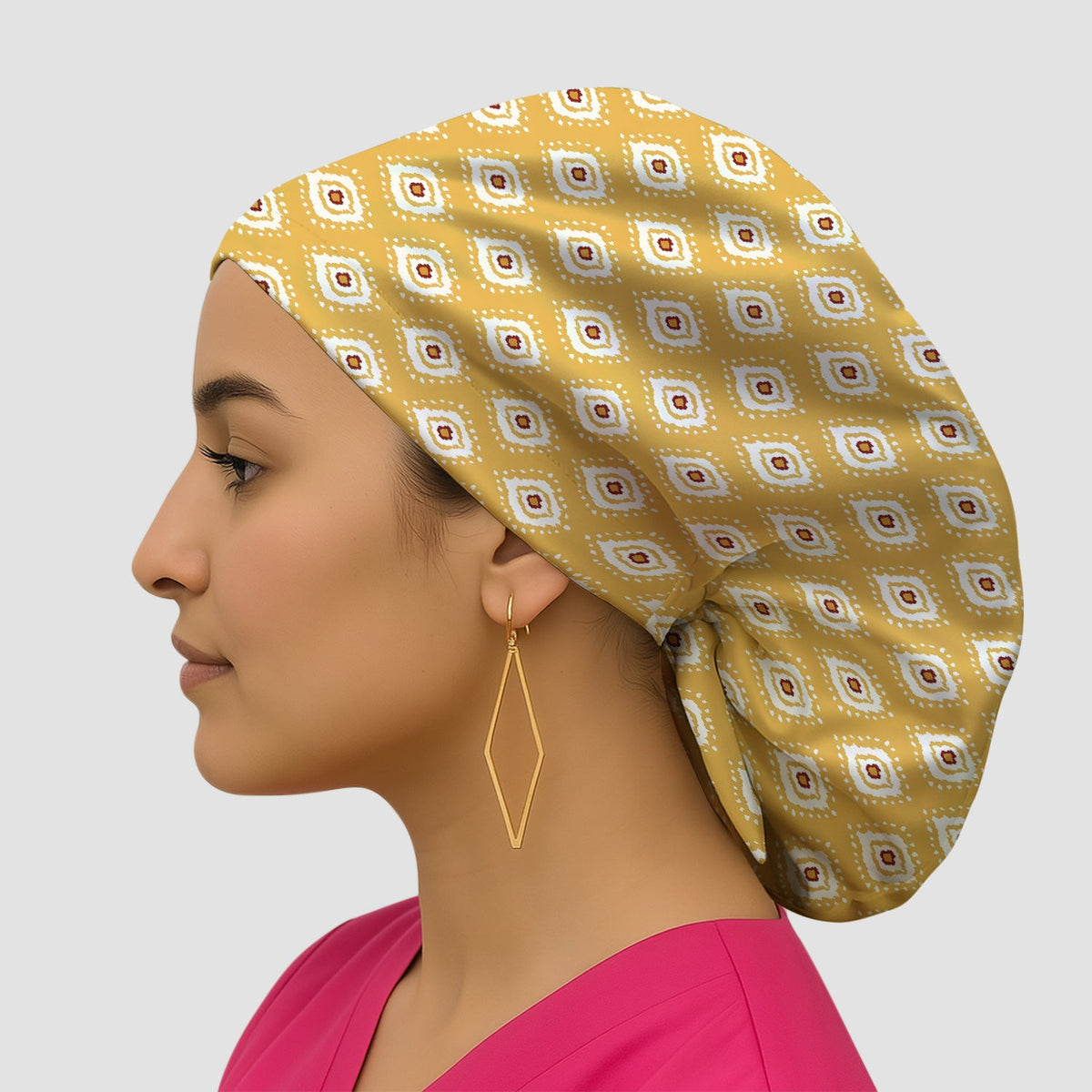 Mustard Geometric Ikat Scrub Cap
