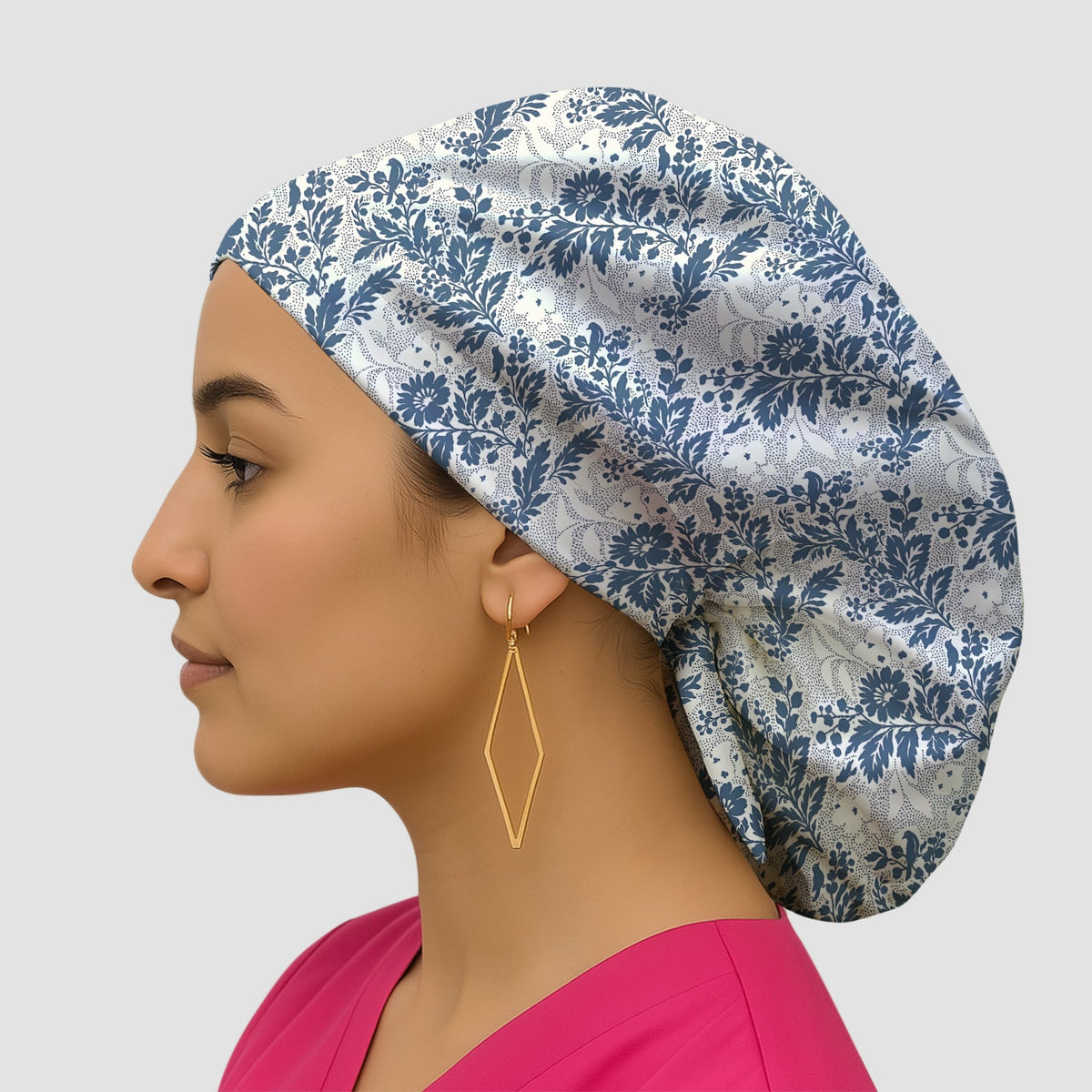 Cute Blue Floral Botanical Nurse Scrub Cap