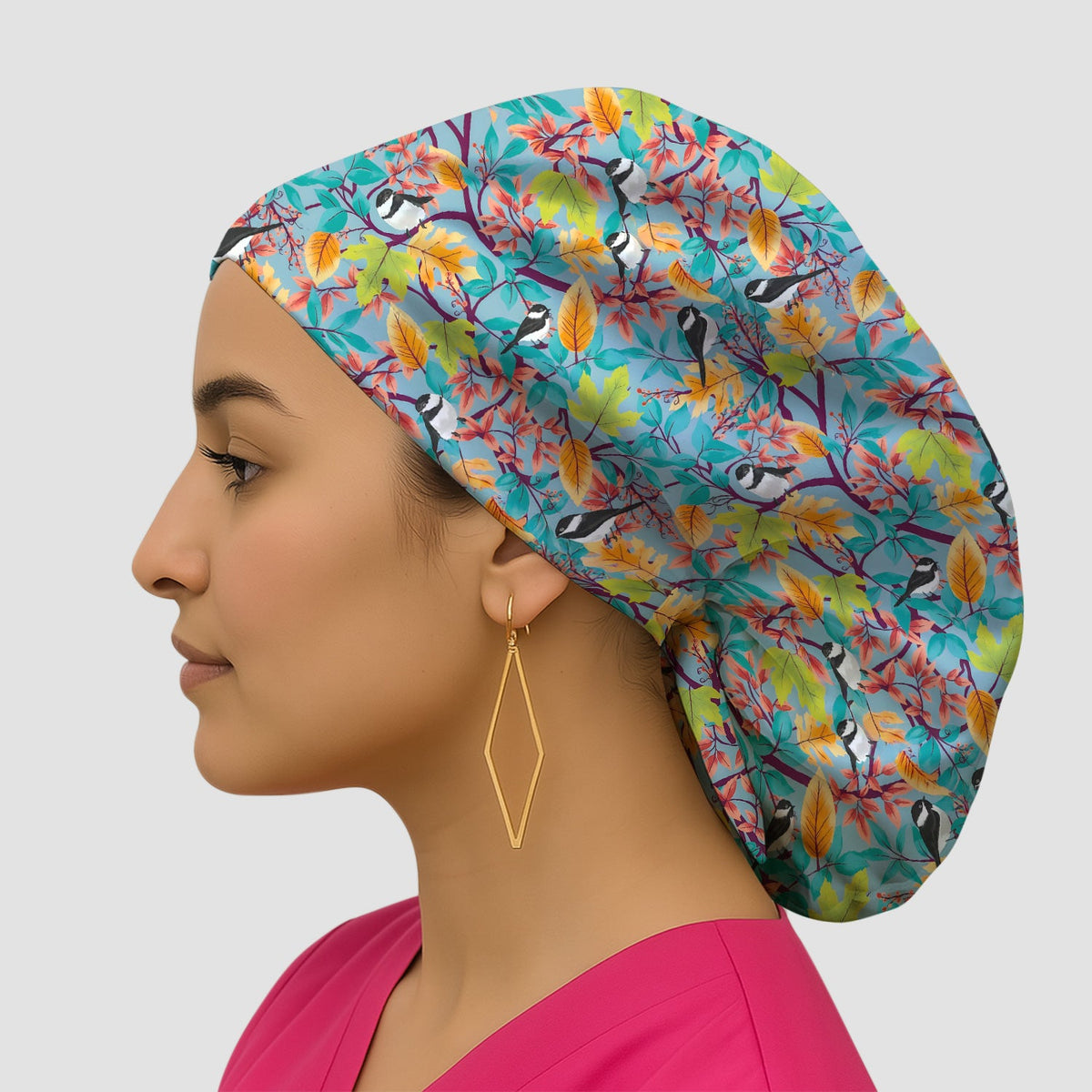 Autumn Leaf Chickadee Bird Scrub Cap