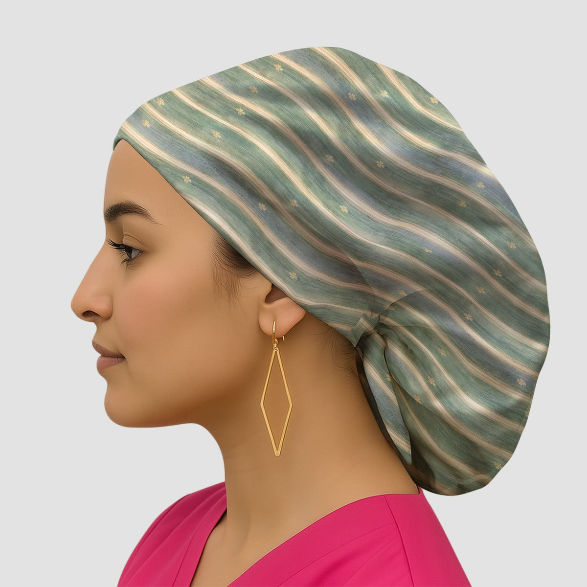 Nurse Green Vertical Stripe Floral Scrub Cap