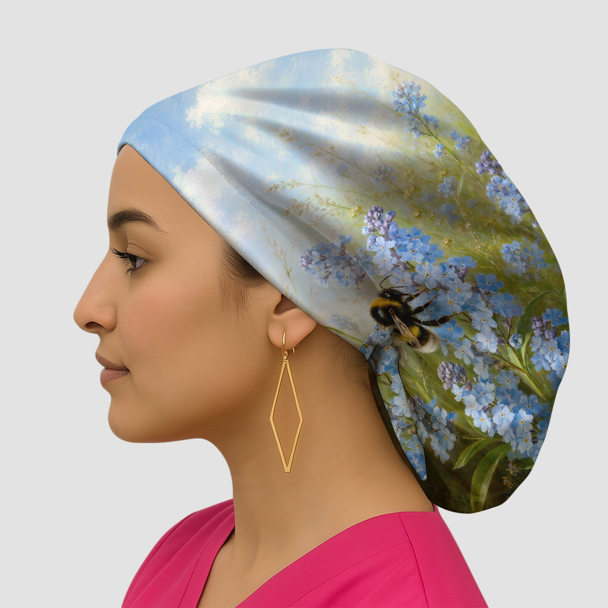 Whimsical Bumblebee Blue Blossom Scrub Cap