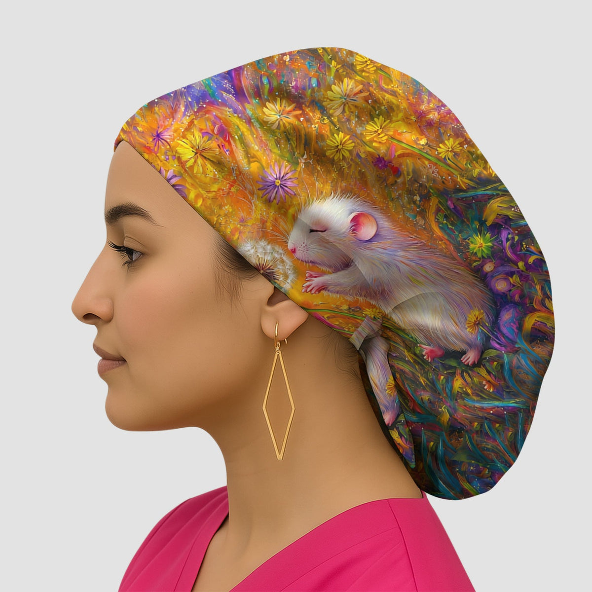 Whimsical Mouse Dandelion Scrub Cap