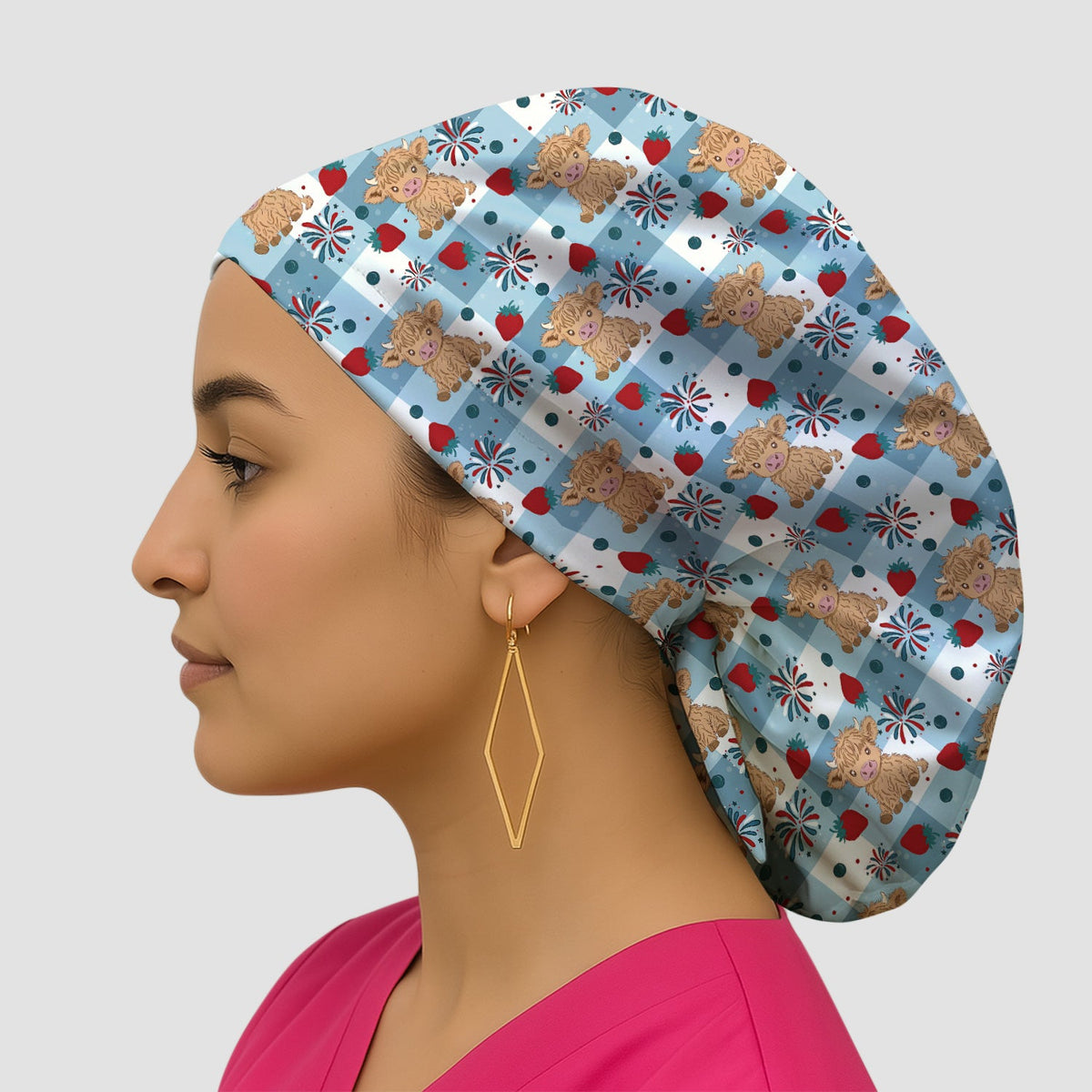 Highland Cow Strawberry Gingham Scrub Cap For Nurse