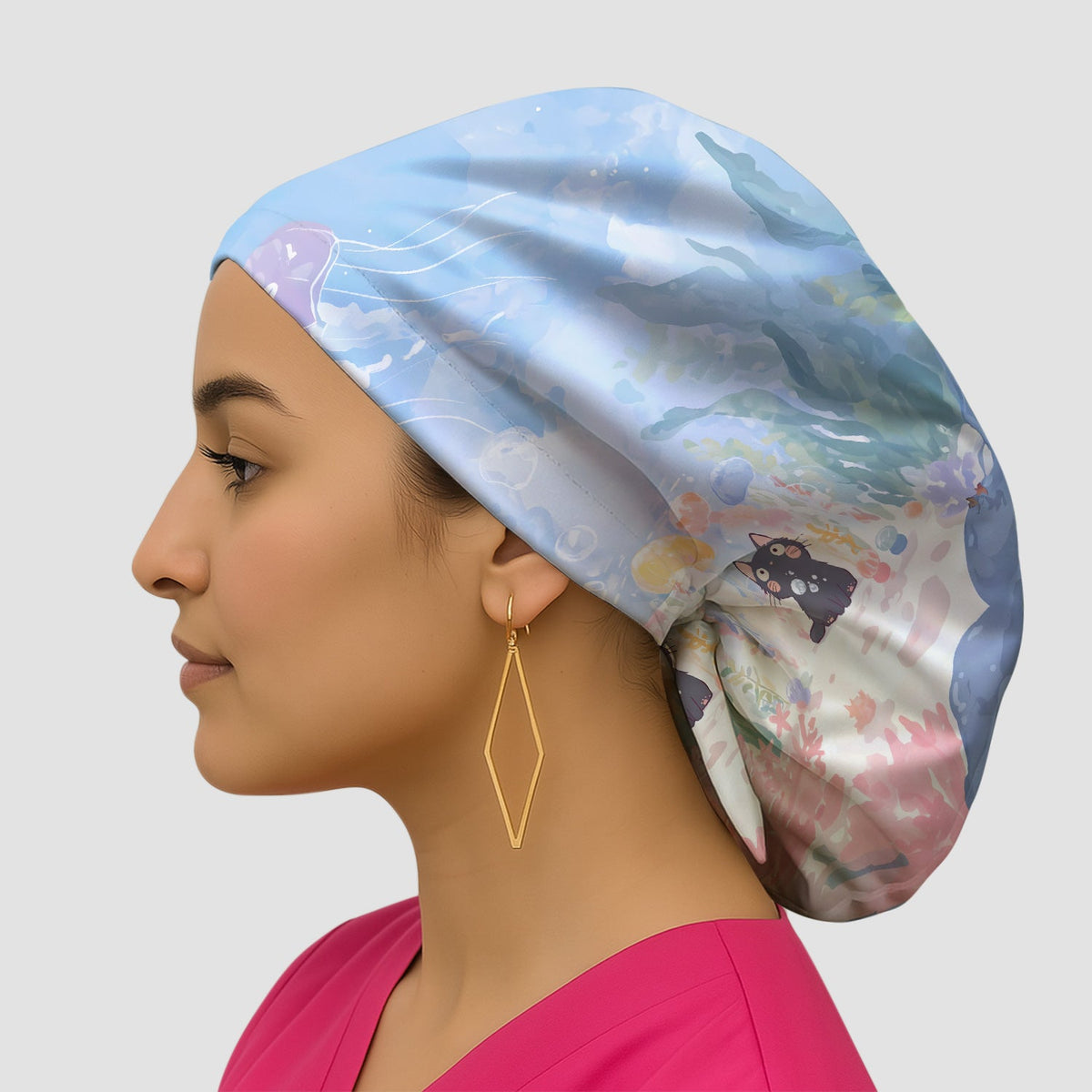 Underwater Black Cat Jellyfish Scrub Cap