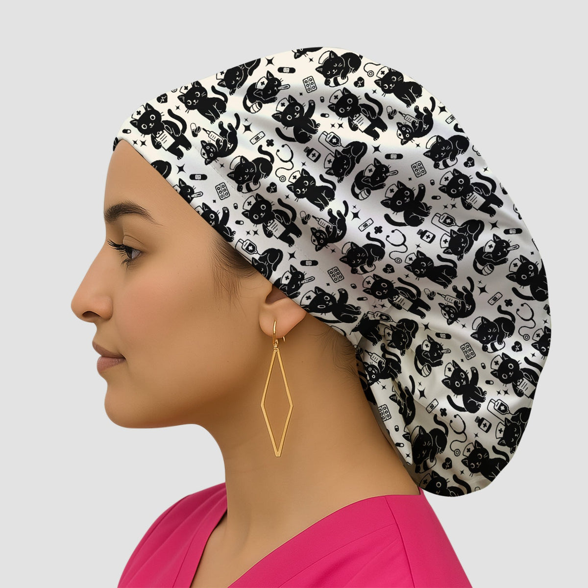 Cute White Black Cat Nurse Scrub Cap