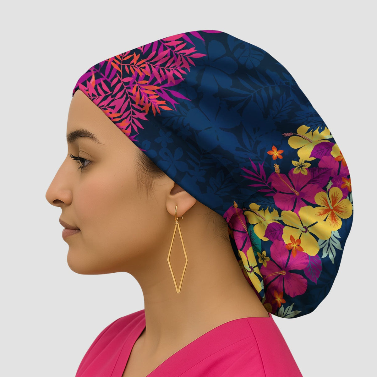 Tropical Hibiscus Palm Leaf Scrub Cap